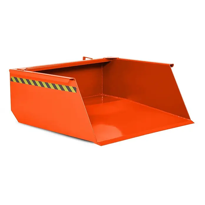 RR Industrietechnik Seitenkippschaufel RR Staplerschaufel Typ RS-150 1740x1900x750mm 1500dm³ RAL 2004 Reinorange -  - Oranger Kippbehälter mit schwarz-gelben Sicherheitsstreifen für den Staplertransport von Schüttgütern.