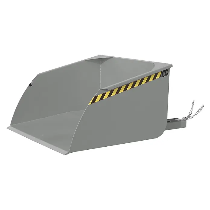 Bauer Seitenkippschaufel Schaufel BSI 100, lackiert, Mausgrau -  - Grauer Kippbehälter aus Metall für Gabelstapler mit schwarz-gelbem Warnstreifen und Kette.