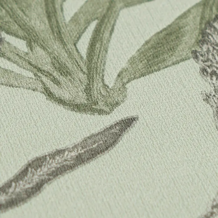 A.S. Création Metropolitan Stories Vibes & Styles Vliestapete Gräser - Grün-Grau, Floral, 10,05 x 0,53 m - Nahaufnahme eines weichen, strukturierten Textils mit skizziertem botanischem Muster in gedämpftem Grün und Grau auf hellem Cremeton.
