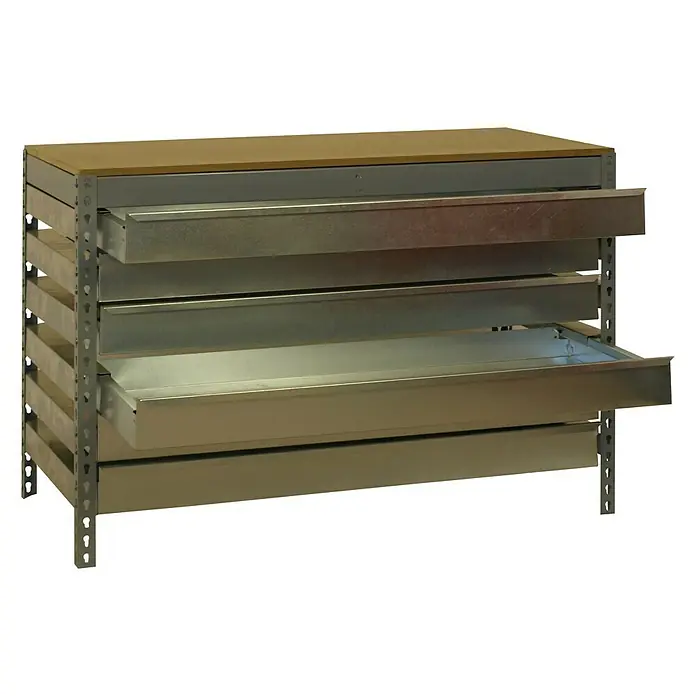 Simonrack Simonwork Banco de trabajo BT5 Box - L x An: 61 x 91 cm, Altura de trabajo: 84,2 cm, Carga soportada: 610 kg, Gris - Estantería metálica con encimera de madera y cajones de metal abiertos, ideal para un taller o garaje para guardar herramientas.