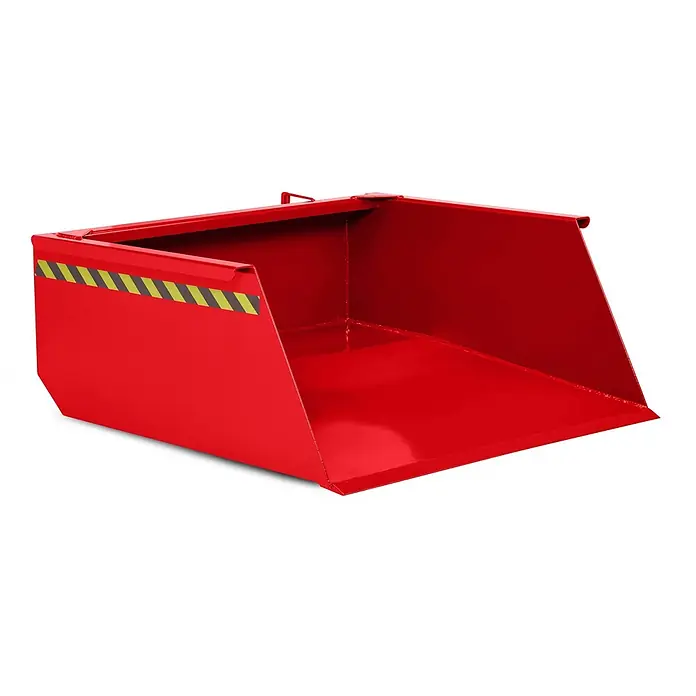 RR Industrietechnik Seitenkippschaufel RR Staplerschaufel Typ RS-50 1130x1650x550mm 500dm³ RAL 3000 Feuerrot -  - Rote Industrieschaufel mit gelb-schwarzen Sicherheitsstreifen.