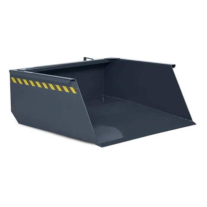 RR Industrietechnik Seitenkippschaufel RR Staplerschaufel Typ RS-75 1390x1615x550mm 750dm³ RAL 7016 Anthrazitgrau -  - Robuster dunkelgrauer Metallschaufelaufsatz mit gelb-schwarzen Warnstreifen für Baumaschinen.