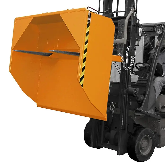 Bauer Seitenkippschaufel Schaufel BSM 100, lackiert, Gelborange -  - Orange Metall-Ballenklammer am Gabelstapler, zum Greifen und Transportieren großer, sperriger Materialien.