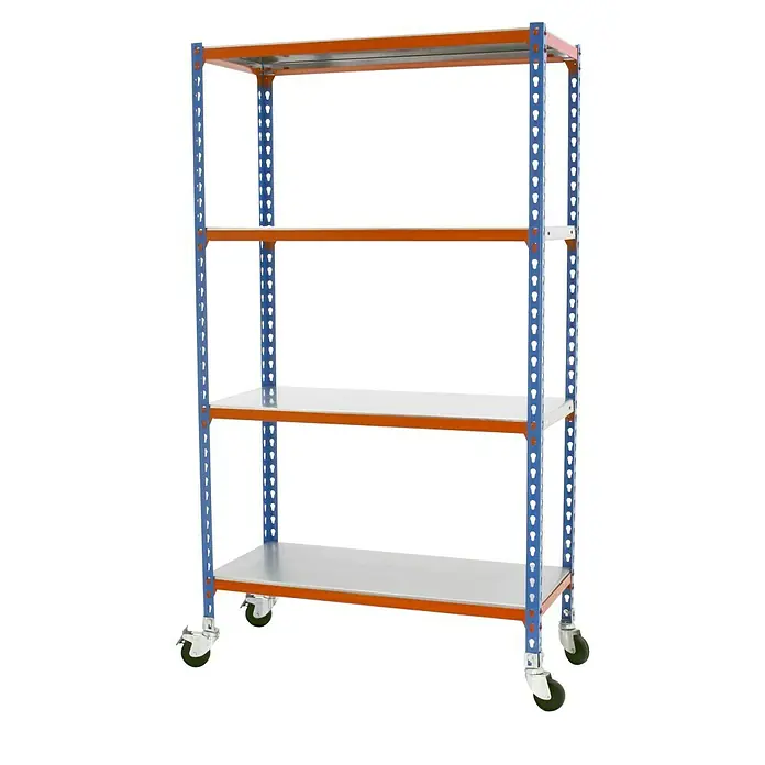 Simonrack Simonclick Estantería metálica Mobile Plus - Al x An x Pr: 150 x 100 x 40 cm, Número de baldas: 4 ud., Inserción, Azul/Naranja - Estantería rodante con cuatro niveles.