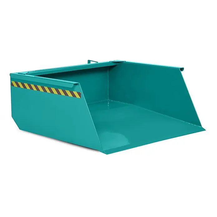 RR Industrietechnik Seitenkippschaufel RR Staplerschaufel Typ RS-100 1640x1900x550mm 1000dm³ RAL 5018 Türkisblau -  - Türkiser Metall-Schaufelaufsatz für Baumaschinen mit gelb-braunen Warnstreifen.