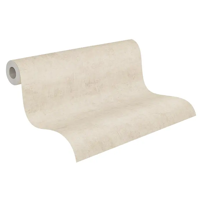 A.S. Création Nordic Feeling Vliestapete Uni - Grau-Beige, Uni, 10,05 x 0,53 m - Strukturierte beigefarbene Tapetenrolle, teilweise ausgerollt.