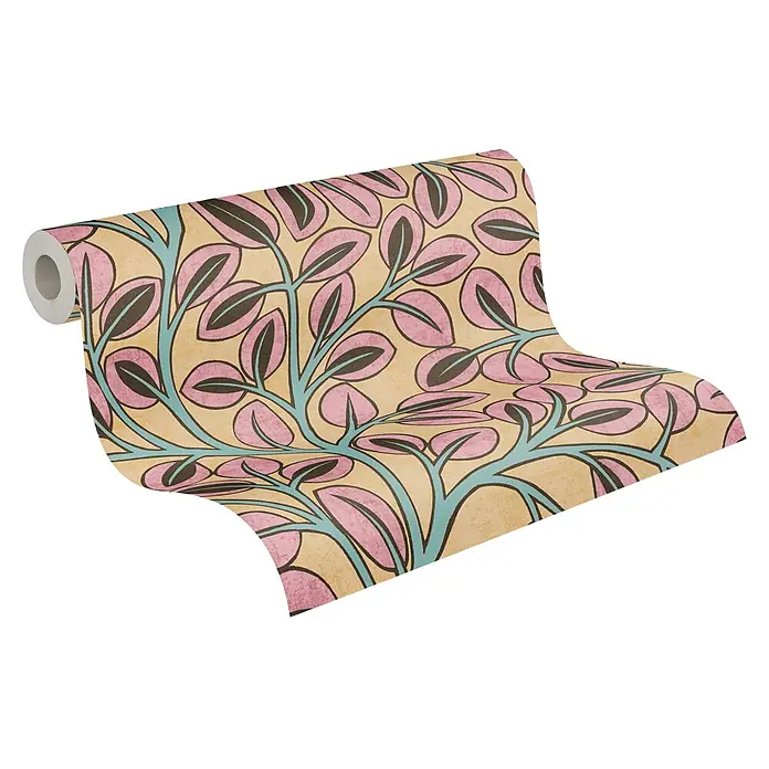 A.S. Création Nordic Feeling Vliestapete Blätter - Gelb-Braun, Uni, 10,05 x 0,53 m - Rolle Tapete mit Muster aus stilisierten rosa Blättern an türkisgrünen Zweigen auf hellgelbem Hintergrund.