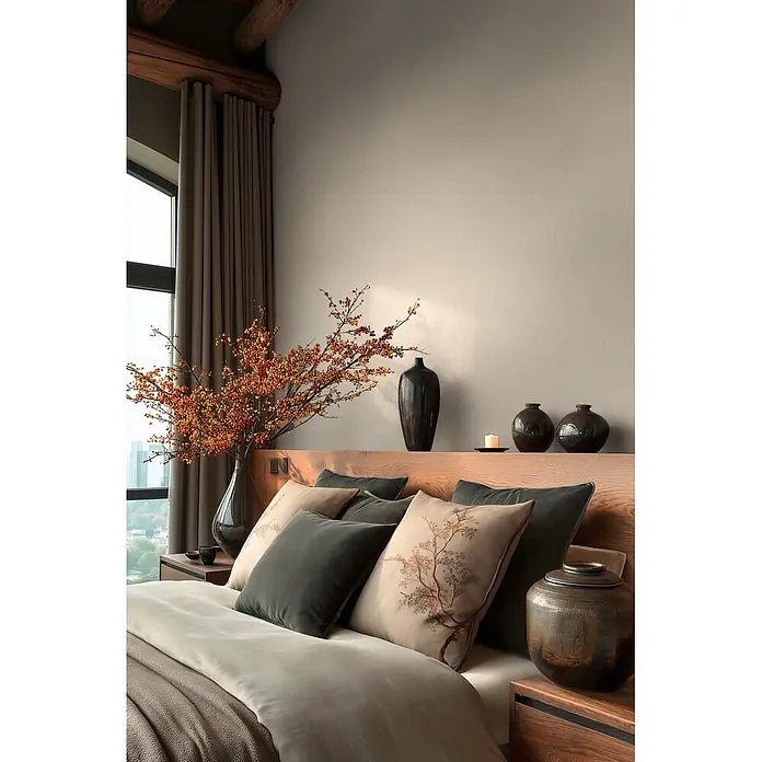 A.S. Création Metropolitan Stories Vibes & Styles Vliestapete Uni III - Beige, Uni, 10,05 x 0,53 m - Ein gemütliches Bett mit heller beiger Bettwäsche und kontrastierenden dunkelgrauen sowie bestickten beigen Kissen. Ein hölzernes Kopfteil trägt Dekorelemente.
