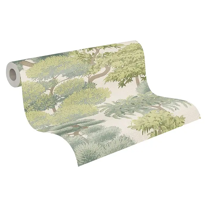 A.S. Création Cuba 2 Vliestapete Natur - Hellgrün-Creme, Floral, 10,05 x 0,53 m - Ausgerollte Tapete mit einem natürlichen Muster aus grünen und hellbraunen Bäumen und Laub.