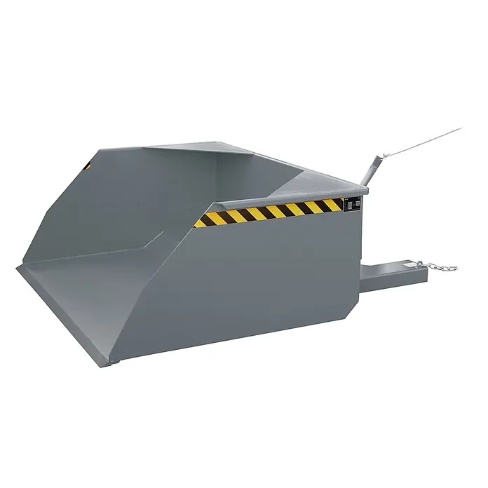 Bauer Seitenkippschaufel Schaufel BSE 100, lackiert, Mausgrau -  - Grauer Kippbehälter aus Metall für Gabelstapler mit gelb-schwarzen Warnstreifen und Befestigungskette.