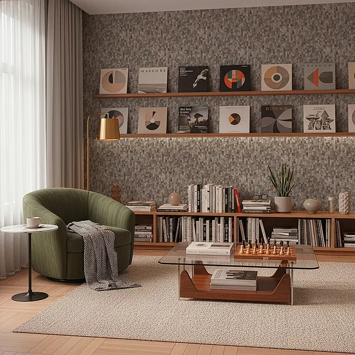A.S. Création Metropolitan Stories Vibes & Styles Vliestapete Struktur I - Grau-Braun, Floral, 10,05 x 0,53 m - Ein gemütliches Wohnzimmer mit grünem Sessel, Holzregalen und einem Glastisch mit Schachspiel.