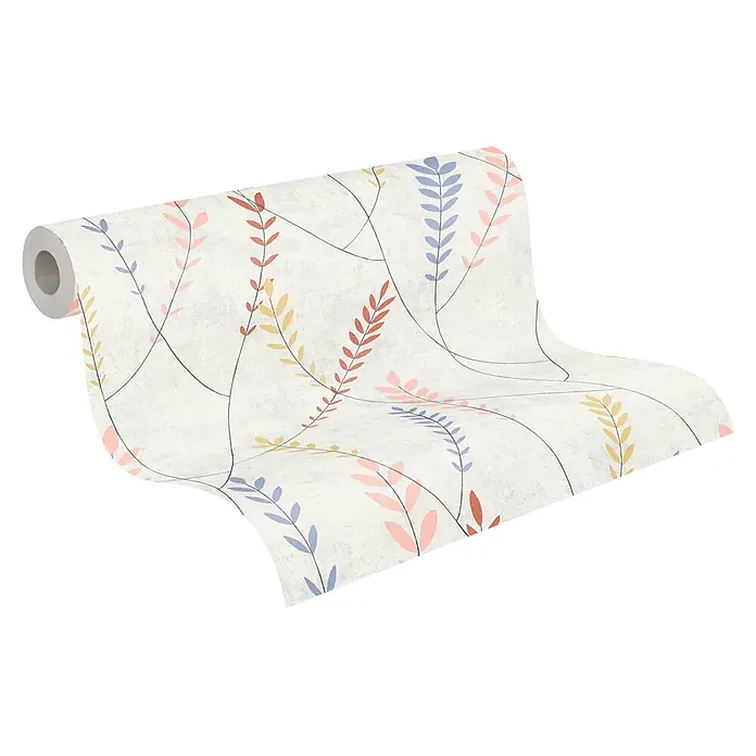 A.S. Création Nordic Feeling Vliestapete Skandi - Grau-Blau, Floral, 10,05 x 0,53 m - Weiße Tapetenrolle mit farbenfrohem Blumen- und Blattmuster in Blau, Rot, Gelb und Rosa, teilweise abgerollt.