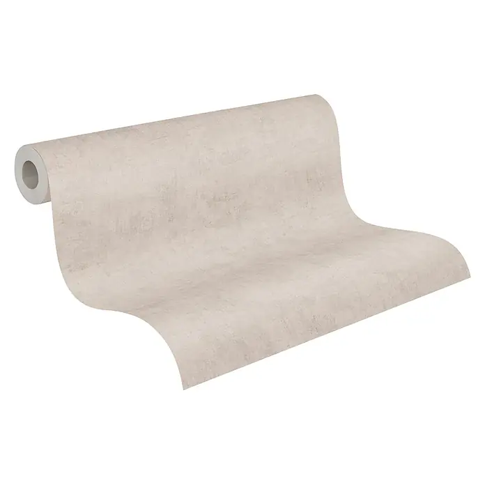A.S. Création Nordic Feeling Vliestapete Uni - Grau-Grün, Uni, 10,05 x 0,53 m - Helle, leicht texturierte Tapetenrolle in Beige, teilweise abgerollt.