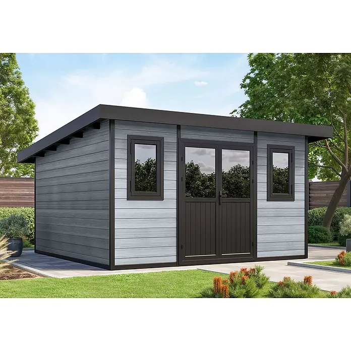 Fjordholz Gartenhaus Duo Color 15 m² - Außenmaß inkl. Dachüberstand (B x T): 447 x 443 cm, Aluminium, Schwarz / Grau - Modernes Gartenhaus mit grauer Holzoptik-Verkleidung, dunklen Akzenten und Flachdach, im Garten.