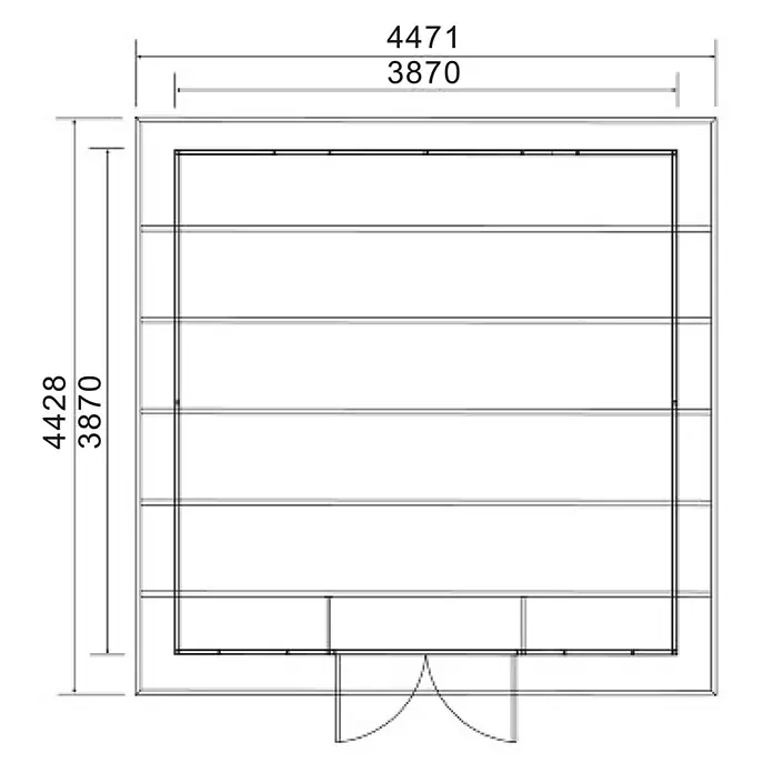 Fjordholz Gartenhaus Duo Color 15 m² - Außenmaß inkl. Dachüberstand (B x T): 447 x 443 cm, Aluminium, Schwarz / Grau - Draufsichtplan einer Struktur mit Außenmaßen 4471x4428 und Innenmaßen 3870x3870.