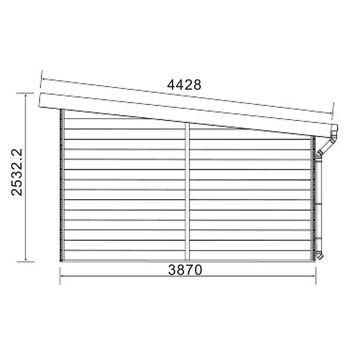Fjordholz Gartenhaus Duo Color 15 m² - Außenmaß inkl. Dachüberstand (B x T): 447 x 443 cm, Aluminium, Schwarz / Grau - Technische Zeichnung eines Anlehnschuppens, Seitenansicht, mit Maßen: Höhe 2532.2, Länge 3870, Dachlänge 4428.