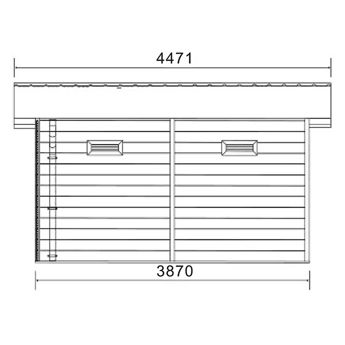 Fjordholz Gartenhaus Duo Color 15 m² - Außenmaß inkl. Dachüberstand (B x T): 447 x 443 cm, Aluminium, Schwarz / Grau - Technische Zeichnung eines zweitürigen Geräteschuppens. Maße: Dach 4471, Basis 3870.