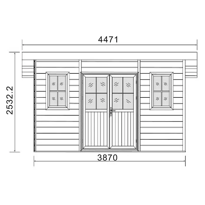 Fjordholz Gartenhaus Duo Color 15 m² - Außenmaß inkl. Dachüberstand (B x T): 447 x 443 cm, Aluminium, Schwarz / Grau - Vorderansicht Bauplan eines Gartenhauses mit Doppeltür und zwei Fenstern, Gesamtmaße angegeben.