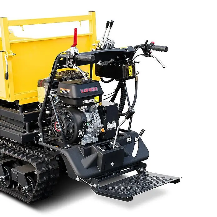 Bamato Kettendumper MTR-1000PROL mit Liftfunktion - Motorbetrieben, Traglast: 1.000 kg - Gelber und schwarzer Raupen-Minidumper mit Steuerung und Fahrerplattform, angetrieben von einem Loncins-Motor.