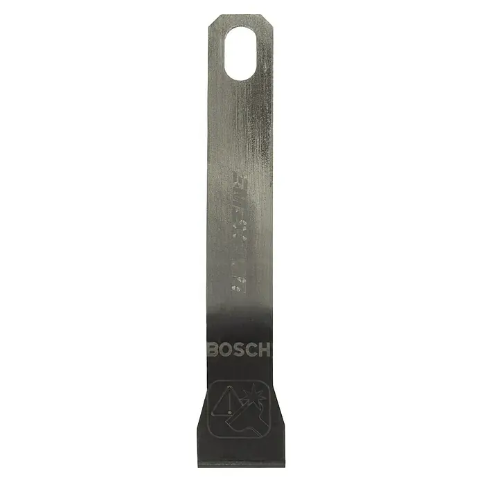 Bosch Cuchilla rascadora SM 20 HMS - Ancho: 20 mm - Primer plano de un cincel Bosch. La herramienta cuenta con un orificio de montaje y el logotipo de Bosch es visible.