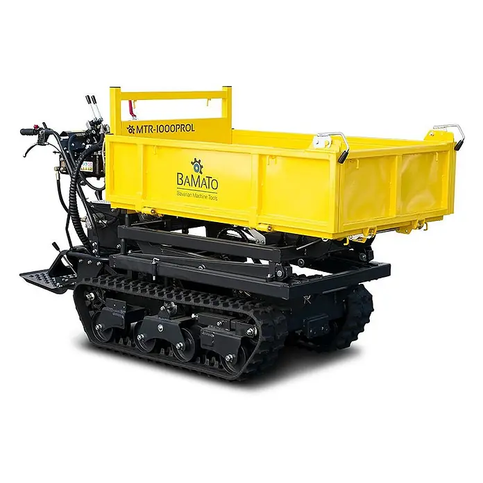 Bamato Kettendumper MTR-1000PROL mit Liftfunktion - Motorbetrieben, Traglast: 1.000 kg - Gelbe Raupendumper mit Kippmulde, zum Schwerlastmaterialtransport konzipiert.
