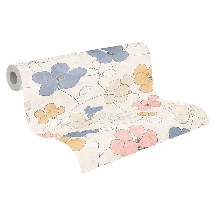 A.S. Création Nordic Feeling Vliestapete Floral - Grau-Gelb, Floral, 10,05 x 0,53 m - Cremefarbene Tapetenrolle mit modernem Blumenmuster in Blau, Gelb und Rosa.