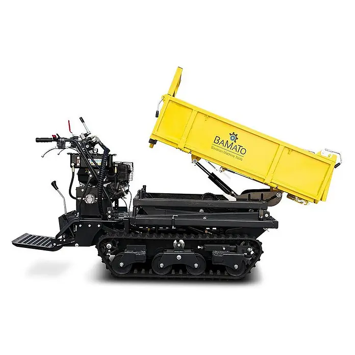 Bamato Kettendumper MTR-1000PROL mit Liftfunktion - Motorbetrieben, Traglast: 1.000 kg - Gelber Raupen-Minidumper mit schwarzem Fahrgestell und angehobener Kippmulde, bereit zum Entladen.