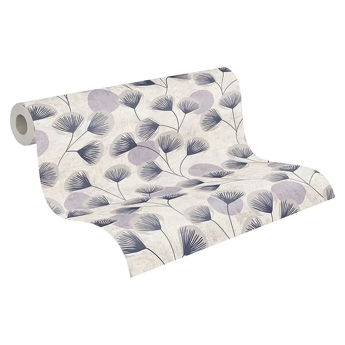 A.S. Création Nordic Feeling Vliestapete Blätter I - Grau-Blau, Floral, 10,05 x 0,53 m - Teilweise abgerollte Tapetenrolle mit cremefarbenem Hintergrund, abstrakten blauen Blumenmustern und hellvioletten Akzenten.