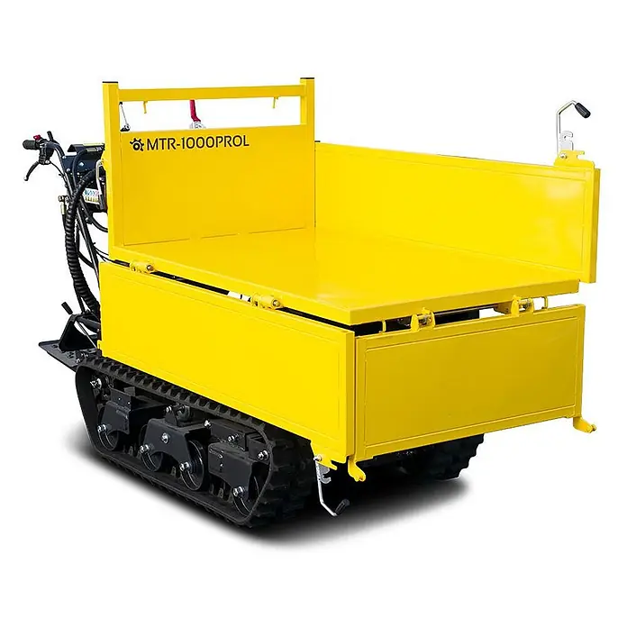 Bamato Kettendumper MTR-1000PROL mit Liftfunktion - Motorbetrieben, Traglast: 1.000 kg - Gelber Raupen-Minidumper mit offener Ladefläche für den Materialtransport.