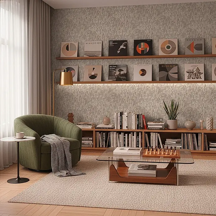 A.S. Création Metropolitan Stories Vibes & Styles Vliestapete Struktur I - Beige-Creme, Grafisch, 10,05 x 0,53 m - Strukturierte Tapete in Mosaikmuster mit warmen neutralen Tönen bedeckt eine Wohnzimmerwand, die gemütliche Einrichtung ergänzend.