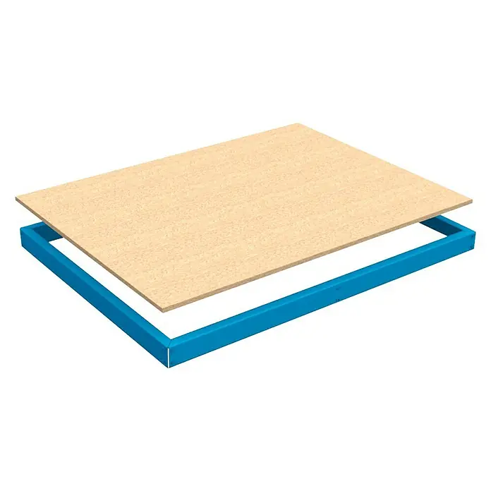 Regalux Balda adicional - L x An x Al: 120 x 50 x 1,2 cm - Una tabla de madera rectangular reposa sobre un marco metálico azul, ofreciendo soporte. Diseño sencillo para espacios modernos.