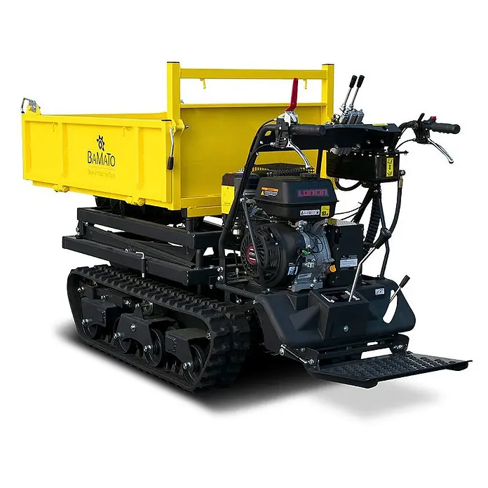 Bamato Kettendumper MTR-1000PROL mit Liftfunktion - Motorbetrieben, Traglast: 1.000 kg - Gelber Raupen-Minidumper mit schwarzem Motor und Kippmulde für den Materialtransport.
