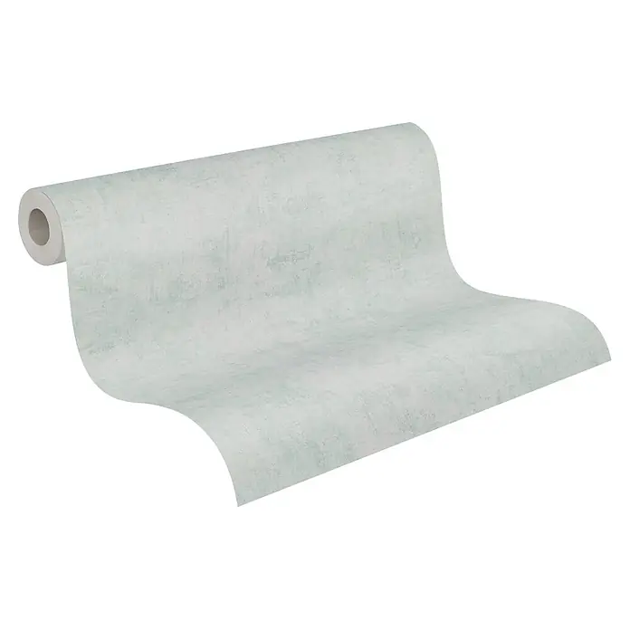 A.S. Création Nordic Feeling Vliestapete Uni - Blau-Türkis, Uni, 10,05 x 0,53 m - Hellegrüne strukturierte Tapetenrolle, teilweise ausgerollt, mit Used-Look.