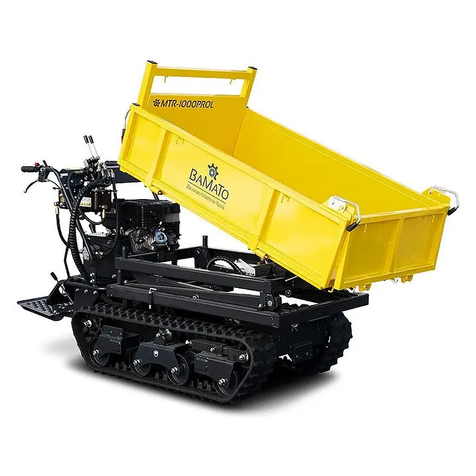 Bamato Kettendumper MTR-1000PROL mit Liftfunktion - Motorbetrieben, Traglast: 1.000 kg - Gelber und schwarzer Ketten-Minidumper mit angehobenem Kippbehälter, bereit zum Entladen von Materialien.