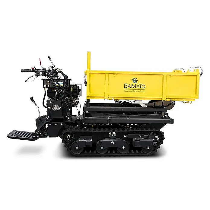 Bamato Kettendumper MTR-1000PROL mit Liftfunktion - Motorbetrieben, Traglast: 1.000 kg - Schwarzer Raupen-Minidumper mit gelber Kippmulde und Bedienerplattform.