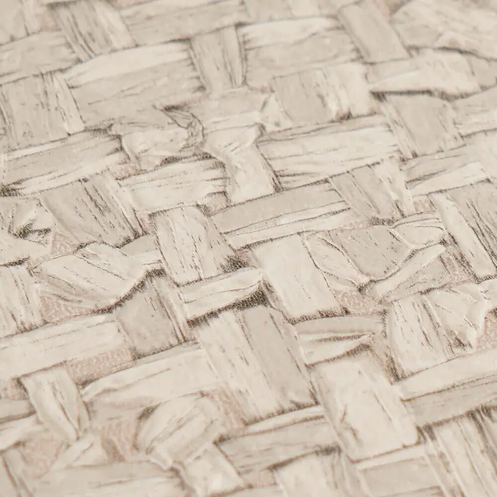 A.S. Création Metropolitan Stories Vibes & Styles Vliestapete Rattan - Creme-Grau, Uni, 10,05 x 0,53 m - Hellbeige gewebte Textur aus unregelmäßigen Streifen, möglicherweise Bast oder Stroh.