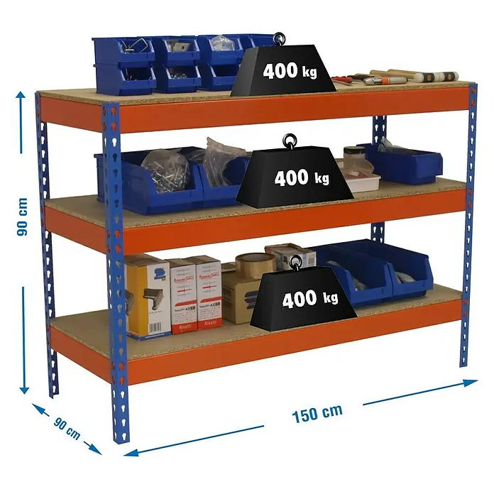 Simonrack Simonwork Werkbank Basic 3 - L x B: 90 x 150 cm, Arbeitshöhe: 90 cm, Belastbarkeit: 1.200 kg, Orange/Blau - Ein robustes Schwerlastregal mit drei Ebenen, blauem Rahmen und Holzregalböden, jede Ebene belastbar bis 400 kg.