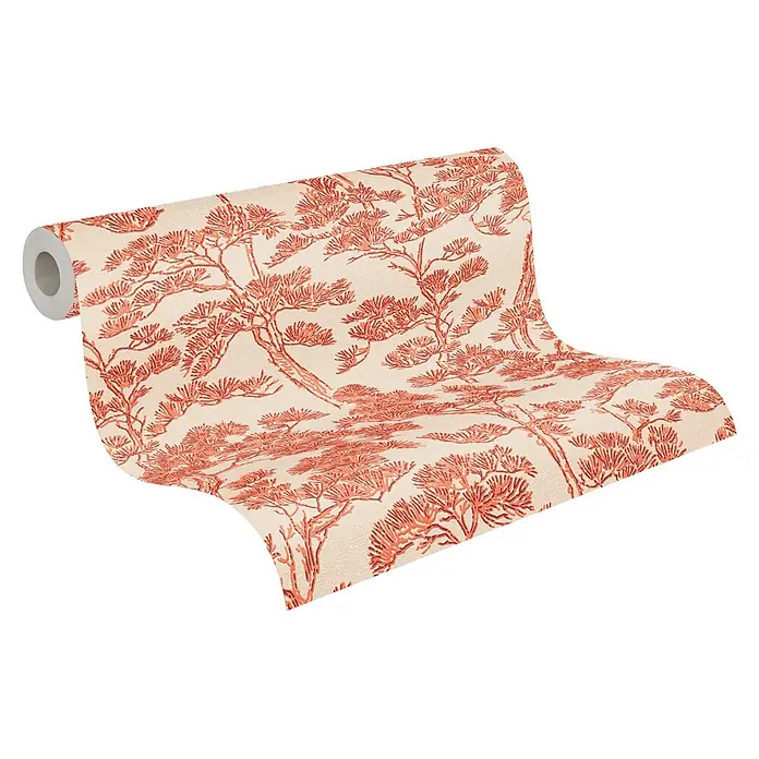 A.S. Création Metropolitan Stories Vibes & Styles Vliestapete Zen - Rot-Beige, Floral, 10,05 x 0,53 m - Rolle Tapete mit rotem Kiefernbaum-Muster auf hellem beigefarbenem Hintergrund.