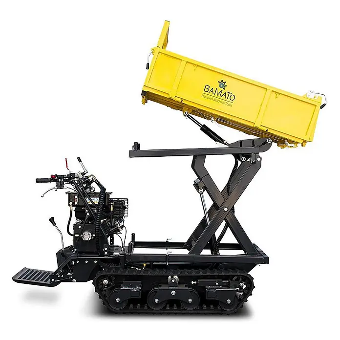 Bamato Kettendumper MTR-1000PROL mit Liftfunktion - Motorbetrieben, Traglast: 1.000 kg - Gelber Ketten-Minidumper mit Hochkippfunktion.