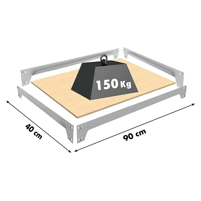 Regalux Balda adicional - L x An x Al: 90 x 40 x 1,2 cm - Ilustración de un estante con una carga de 150 kg, destacando la estabilidad y la capacidad de carga del producto.