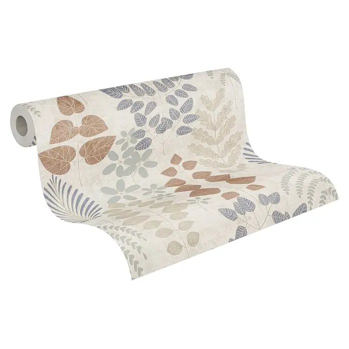 A.S. Création Nordic Feeling Vliestapete Blätter II - Beige-Braun, Uni, 10,05 x 0,53 m - Rolle Tapete mit natürlichem botanischem Blättermuster in gedeckten Blau-, Braun- und Beigetönen.
