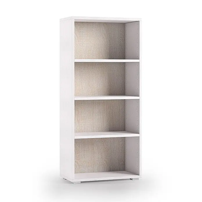 Kiamami Valentina Holzregal - Aufstellen, Weiß, Holzoptik - Weißes Bücherregal mit vier Ablagen und einer hellen Holzmaserung-Rückwand zur Aufbewahrung.