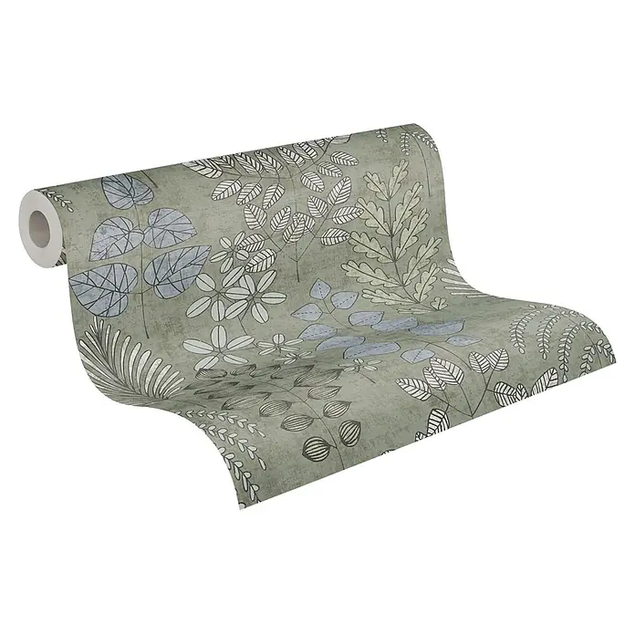 A.S. Création Nordic Feeling Vliestapete Blätter II - Grün-Blau, Uni, 10,05 x 0,53 m - Tapetenrolle mit botanischem Muster in Grüngrau mit weißen und blauen Blattmotiven.