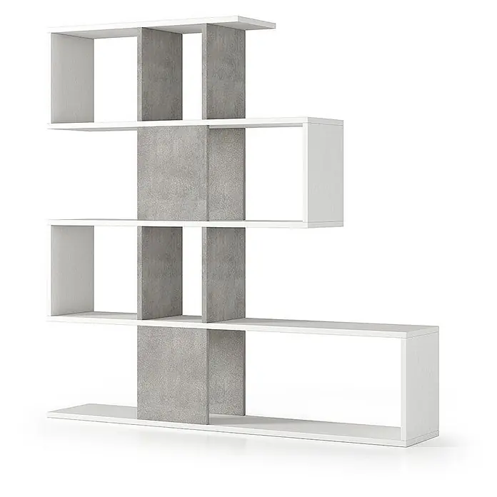 Kiamami Valentina Holzregal - Aufstellen, Weiß, Bertonoptik - Modernes S-förmiges Regal mit weißen Ablagen und grauen Beton-Effekt-Trennstäben.