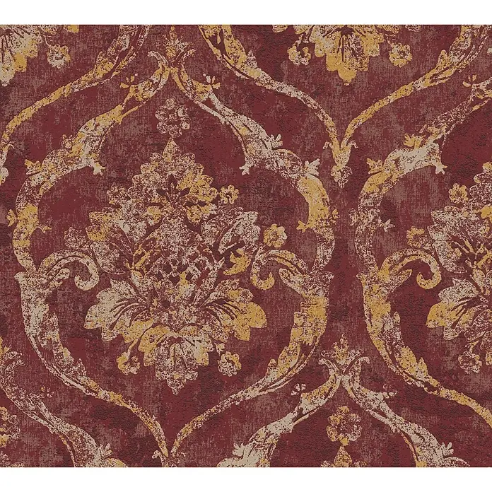 A.S. Création Metropolitan Stories Vibes & Styles Vliestapete Barock - Rot, Ornament, 10,05 x 0,53 m - Strukturiertes Damastmuster in Gold und Beige auf tiefrotem Hintergrund.