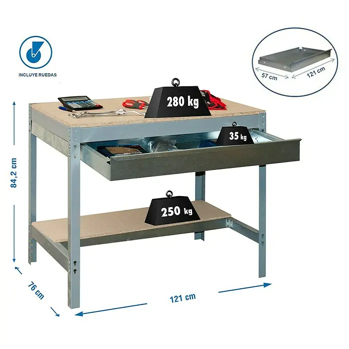 Simonrack Simonwork Banco de trabajo BT0 Box Mobile - L x An: 76 x 121 cm, Altura de trabajo: 91,7 cm, Carga soportada: 120 kg, Gris - Un banco de trabajo con una capacidad de carga máxima de 565 kg, con un cajón y un estante inferior.
