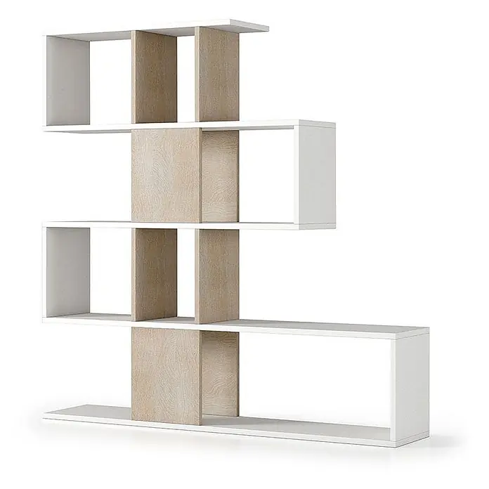 Kiamami Valentina Holzregal - Aufstellen, Weiß, Holzoptik - Moderne S-förmige Regalwand in Weiß und heller Holzoptik mit mehreren offenen Ablagefächern.