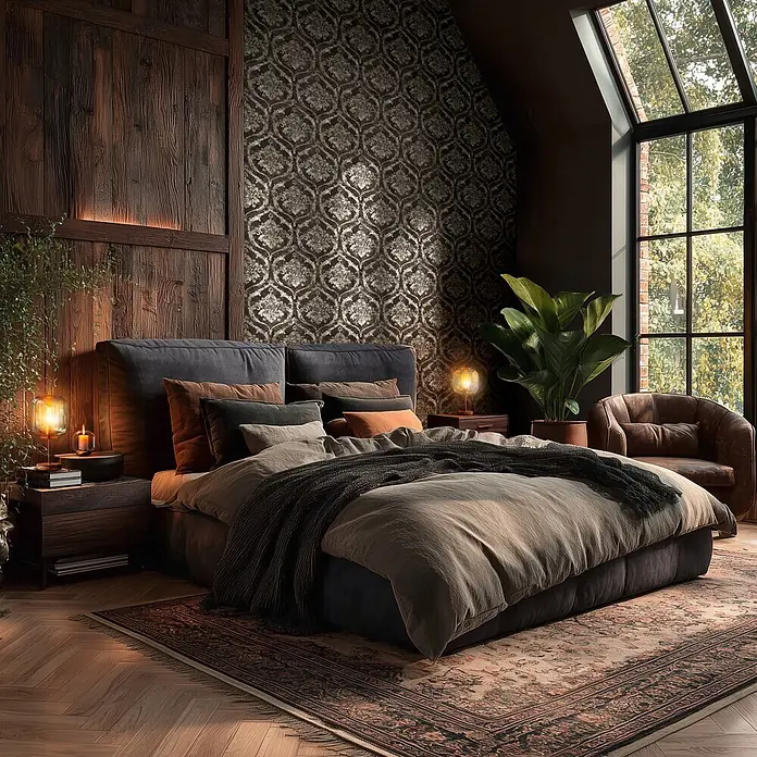 A.S. Création Metropolitan Stories Vibes & Styles Vliestapete Barock - Braun, Ornament, 10,05 x 0,53 m - Ein stilvolles Schlafzimmer mit einem dunklen Polsterbett, heller Bettwäsche und einer dunklen Decke, vor einer strukturierten Holzwand und gemusterter Tapete mit warmer Beleuchtung.