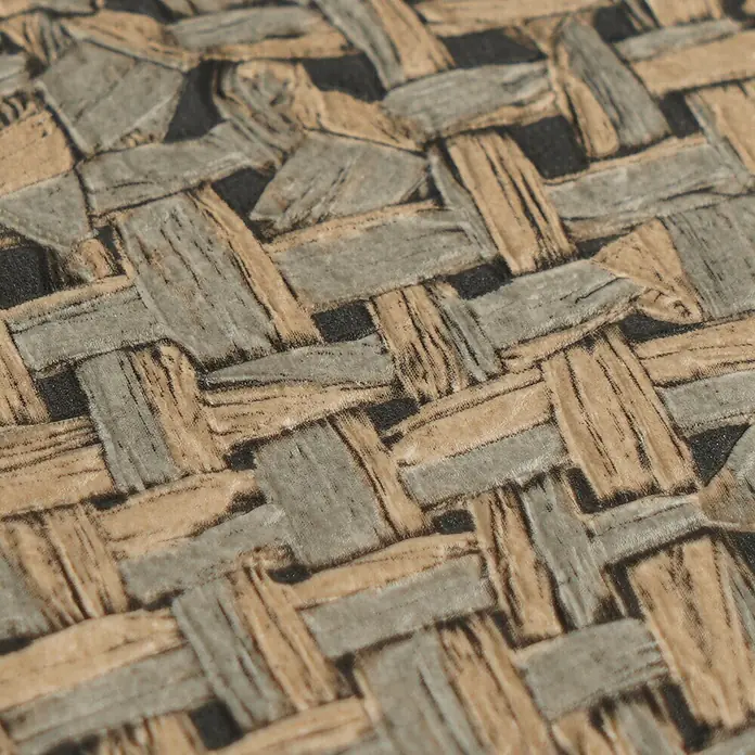 A.S. Création Metropolitan Stories Vibes & Styles Vliestapete Rattan - Braun-Grau, Uni, 10,05 x 0,53 m - Nahaufnahme eines gewebten Korbmusters in Beige- und Grautönen.