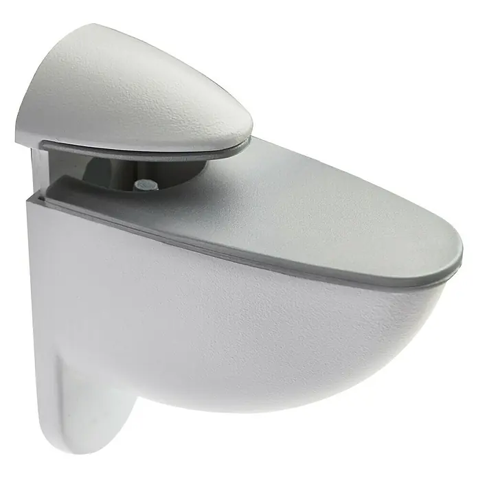 Format Wandregalhalter Tucano - L x B x H: 8 x 8 x 3,5 cm, Weiß - Nahaufnahme einer weißen Glashalterung zur Regalbefestigung, ideal für moderne Innenräume und platzsparende Lösungen.